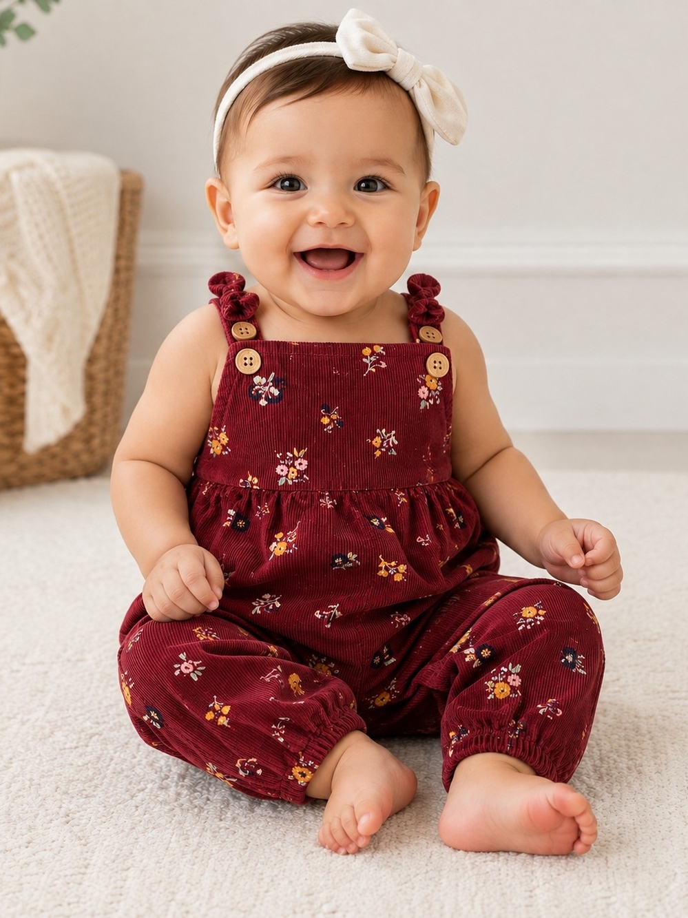 CARTER'S Burgundy Floral Corduroy Overalls 9 Months Fall Cozy 100% Cotton